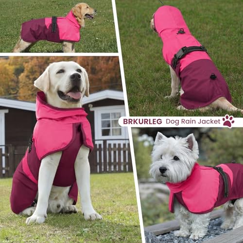 Dog Raincoat Waterproof Rain Jacket with Hood (L(Back Length16.9") / Rose Red)