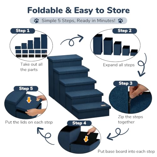 5 Step Wide Dog Stairs with Storage 23" H (Navy Blue / 50"D x 17"W x 23"H)