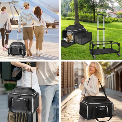 Top & Side Expandable Small Pet Carrier with Wheels Airline Approved (Black with wheels / 18.0"L x 11.0"W x 11.0"H)