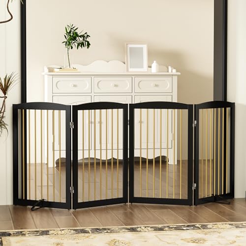 Freestanding Pet Gate for Dogs (32" Height-4 Panel / Black & Gold)