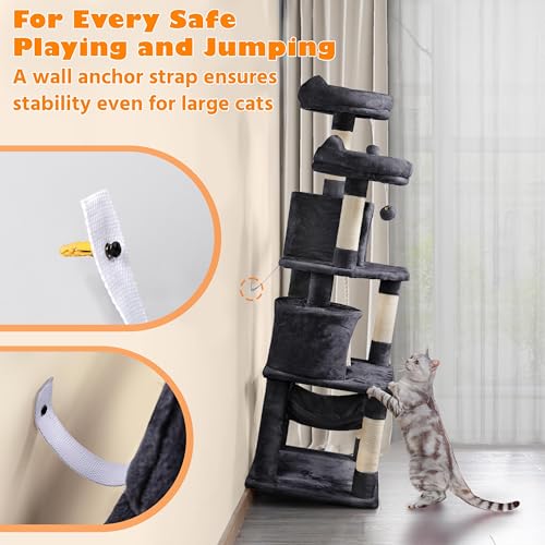 62.5inches Cat Tree Cat Tower Cat Condo with Platform & Hammock (62.5in / Black)