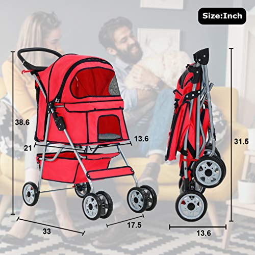4 Wheel Foldable Pet Stroller (Red / 4 Wheels)