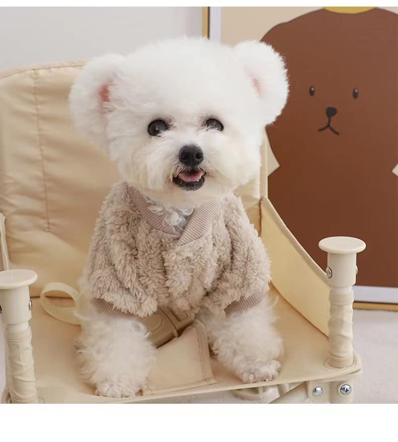 Plush Dog Pajamas for Cold Weather 4 Legged Clothes for Dog Cat Stretchy Puppy Kitten Onesie with Buttons Warm Soft Pet Jumpsuit Winter Coat Beige Large (Large / Beige)