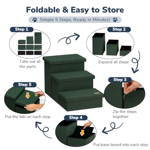 3 Step Wide Dog Stairs with Hidden Storage 18" H (Dark Green / 30"D x 17"W x 17.7"H)