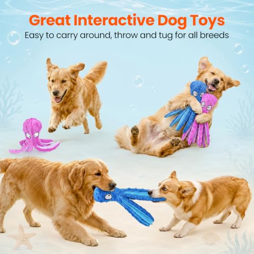 Squeaky Dog Toys No Stuffing Octopus Crinkle for Large Medium Small Dog (Octopus Purple & Blue)