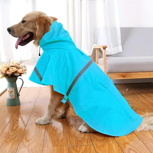 Large Dog Raincoat Adjustable Pet Water Proof Clothes Lightweight Rain Jacket Poncho Hoodies with Strip Reflective (Large (Pack of 1) / Lake Blue)