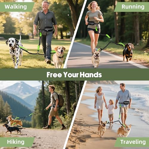 Hands Free Dog Leash for 2 Dogs with Pouch (Black Green / 2 Leashes)