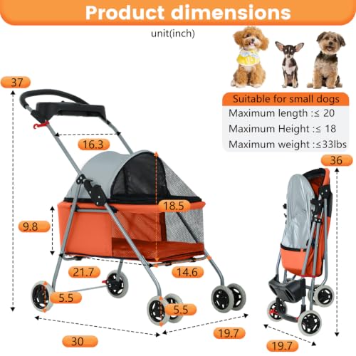 Foldable Pet Stroller for Small (Orange)