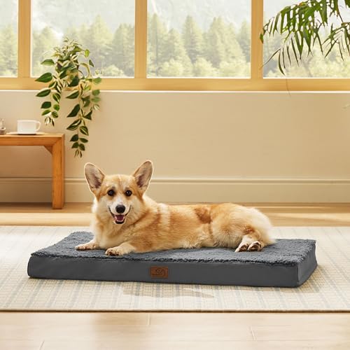Washable Dog Crate Bed for Large Size with Comfy Sherpa (35"L x 22"W x 3"Th / Dark Grey)