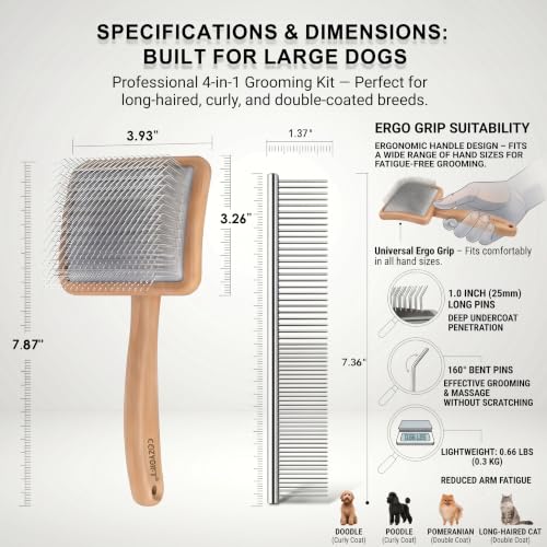 Slicker Brush for Dogs Grooming Kit with Cleaning Rake Tool 4PCS (Naturally)