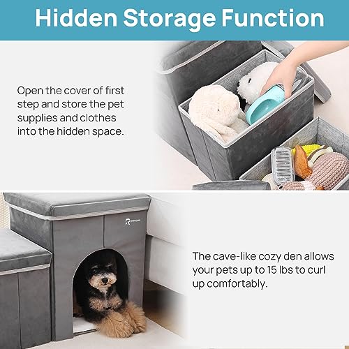 Foldable Pet Stairs with Cozy House & Storage (Dark Gray Suede)