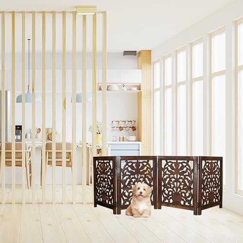 Lightnpro 4 Panel Wooden Dog Gate (Natural Burnt Flower / 24x72 - Milo)