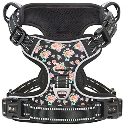 Dog Harness No Pull Adjustable Padded Reflective Harness for Small Medium Large Dogs with Handle for Walking Training (M / Flower-Black)