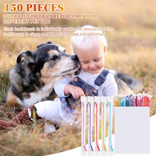150 Pcs Dog Toothbrush Bulk Dual Headed Dental Soft Convenient Long Handle Puppy Toothbrush Individual Packaged for Cleaning Small to Large Dogs Cats Pets