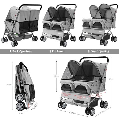 Double Pet Stroller for 2 Small Dogs & Cats (Gray)