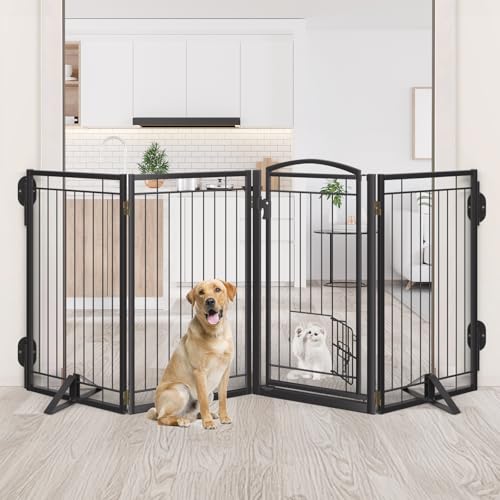 Full Metal Freestanding Dog Gate with Cat Door for Indoor & Outdoor (Black / 【6 Panels with Door】120"W×36"H)