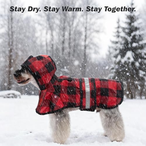 Winter Dog Raincoat Hooded Slicker Poncho with Leash Hole (S:10-15lbs / Red&Black(Thick Fleece))