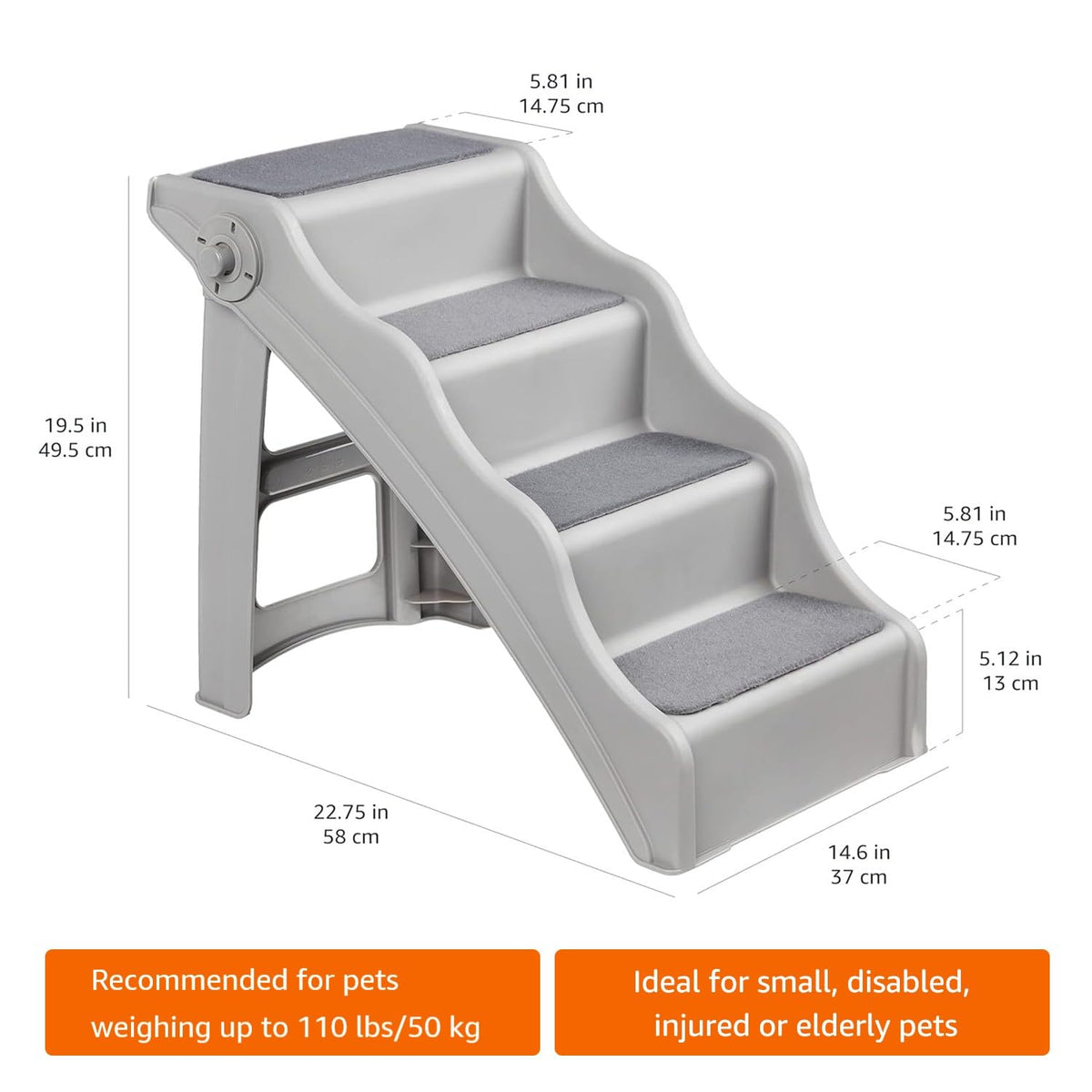 Foldable Non Slip Pet Stairs for Small Dogs and Cats (14.6'' W x 22.75'' D x 19.5'' H / Grey)