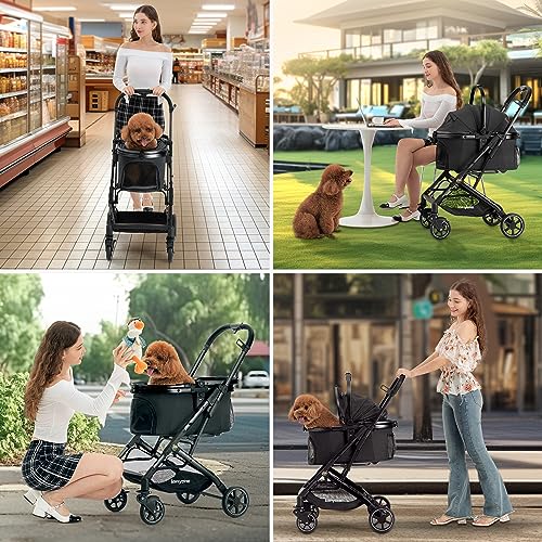 3-in-1 Pet Stroller for Small Medium Dogs Puppy Cat Stroller with Detachable Carrier & Pad Lightweight Foldable Aluminum Alloy Frame Dual No-Zip Entry(Black) (Black)