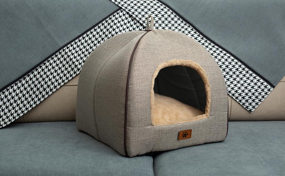 Cat Bed Cat Cave House Tent with Washable Cushioned Pillow (Beige / L(17.5 x 17.5 x 17.5 Inch))