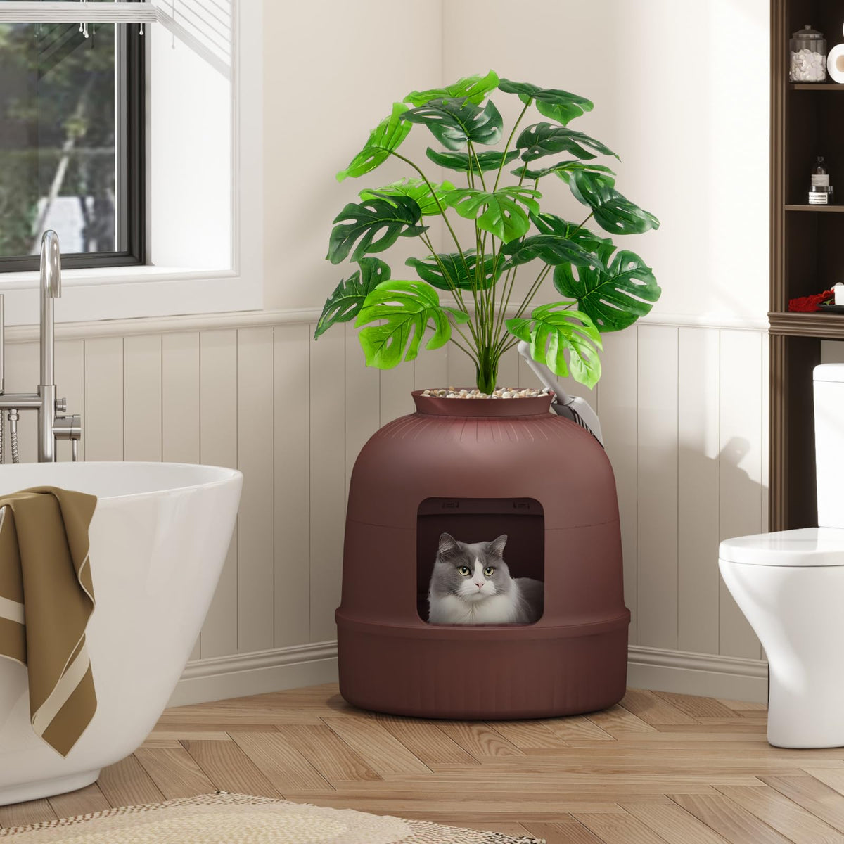 Hidden Plant Cat Litter Box with Plastic Scoop (Brown)