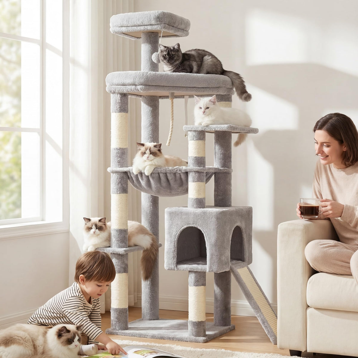 64.2" Heavy Duty Cat Tree for Large Cats with Wide Base HCT027W (64.2 inch / Light Gray)