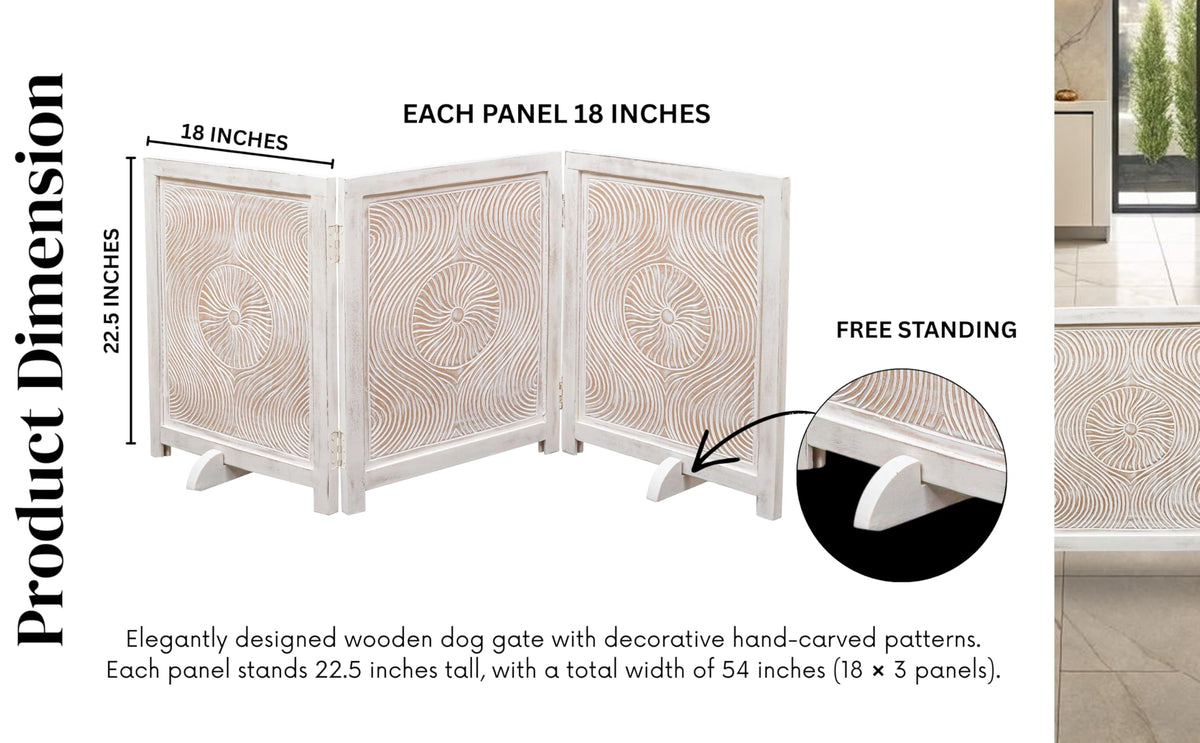 Freestanding Pet Gate for Dogs (White Antique / 54x22.5" 3 Panel Carving)