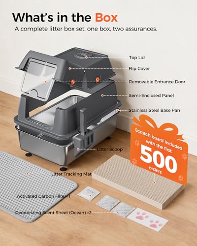 XXL Stainless Steel Cat Litter Box with Lid (Gray - Pinky Paws / 23" L × 16" W × 18" H)