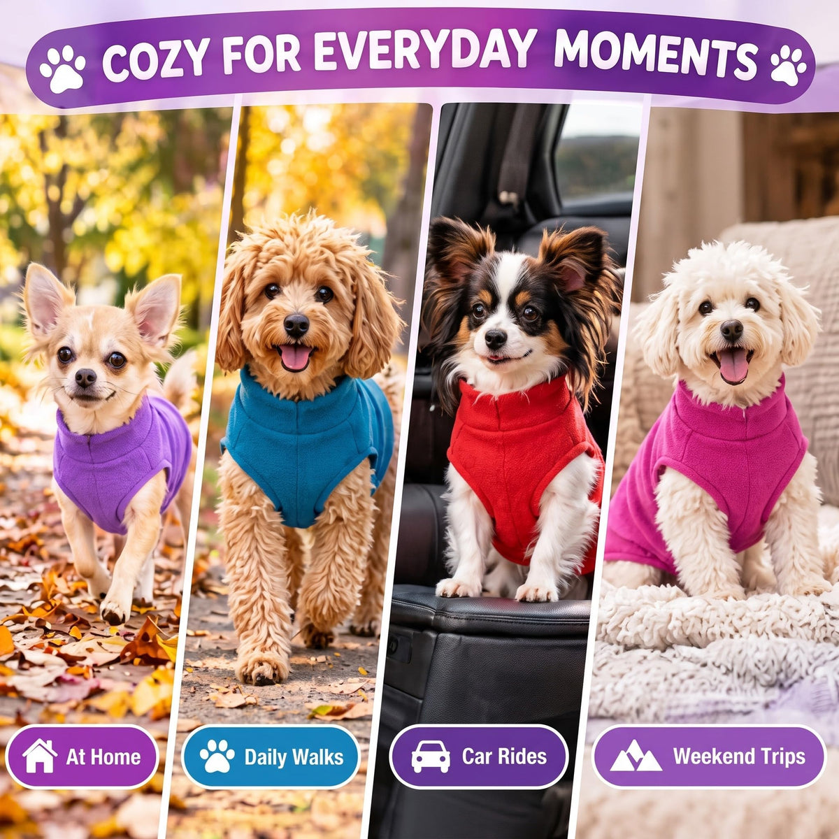 4 Pcs Stretch Fleece Dog Sweater (Purple, Blue, Rose, Red / M)