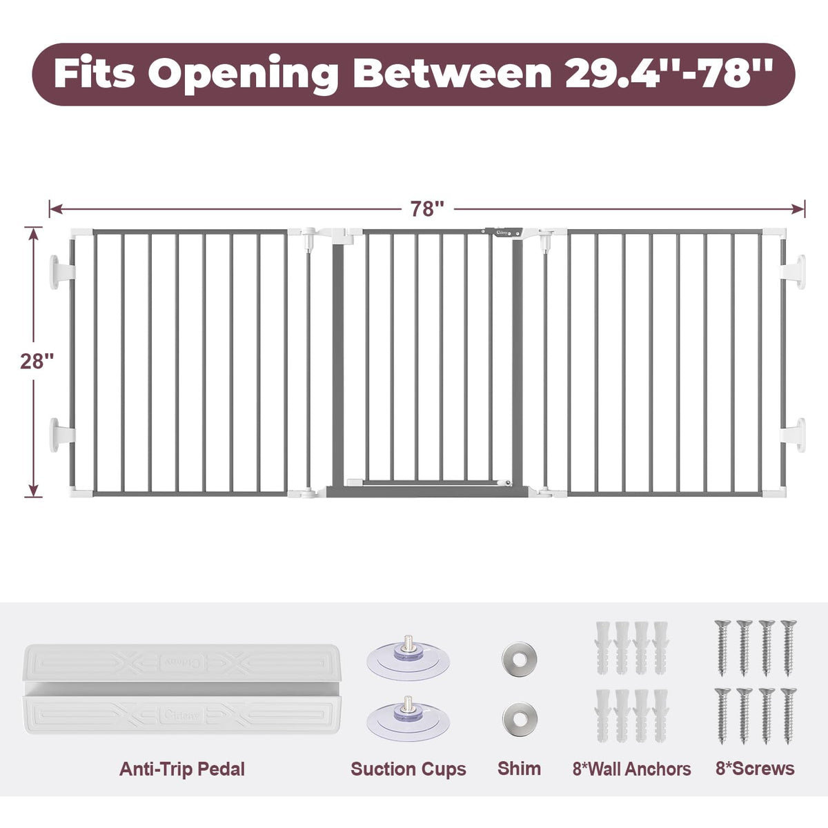 29.4 78" Extra Wide Baby Gate (Gray / 78" Wide)
