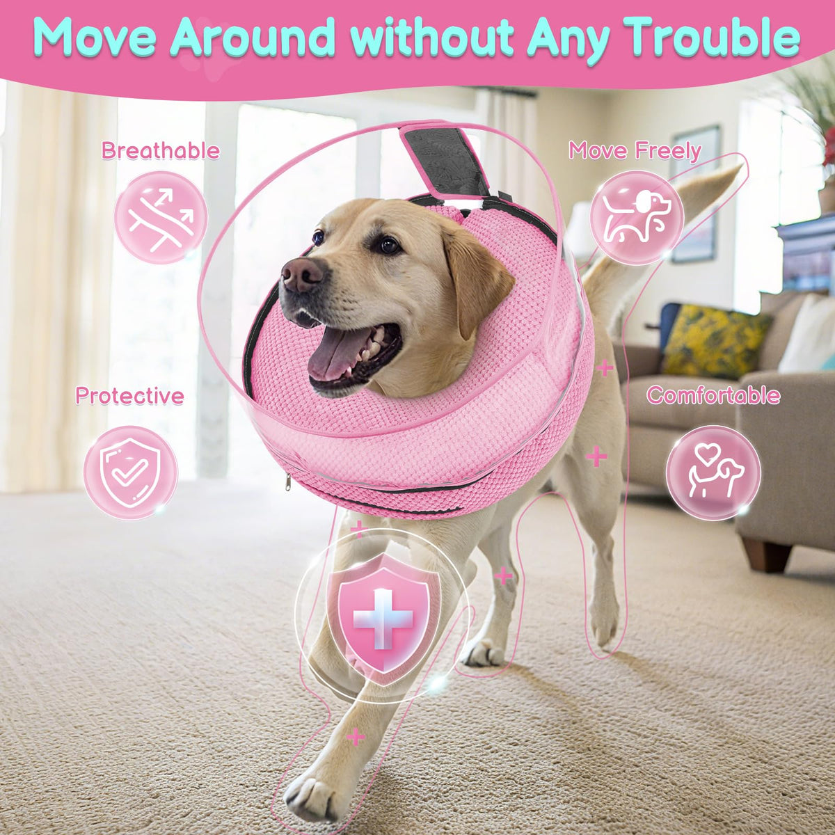 Inflatable Dog Cone with Clear Shield for Added Coverage (Pink / M+ (Neck: 11"-14"))