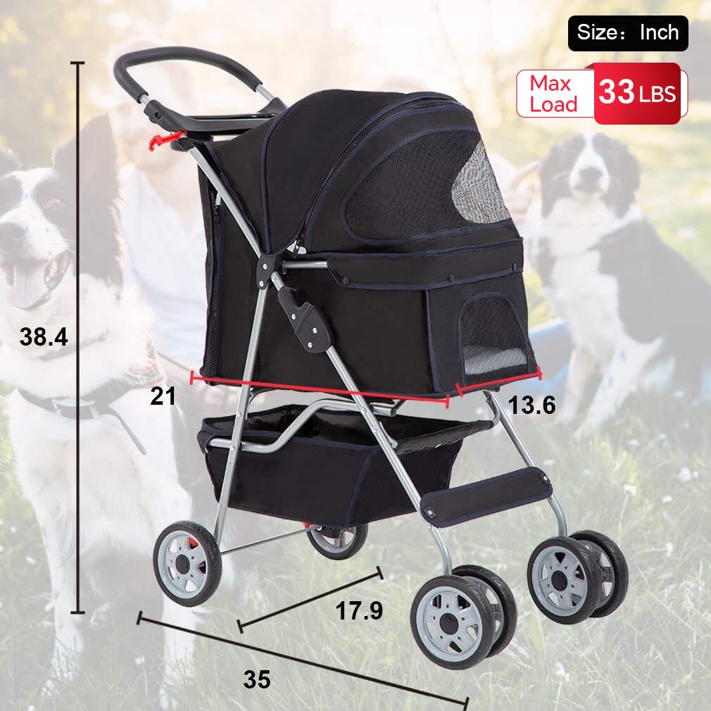 4 Wheel Foldable Pet Stroller (Black / 4 Wheels)