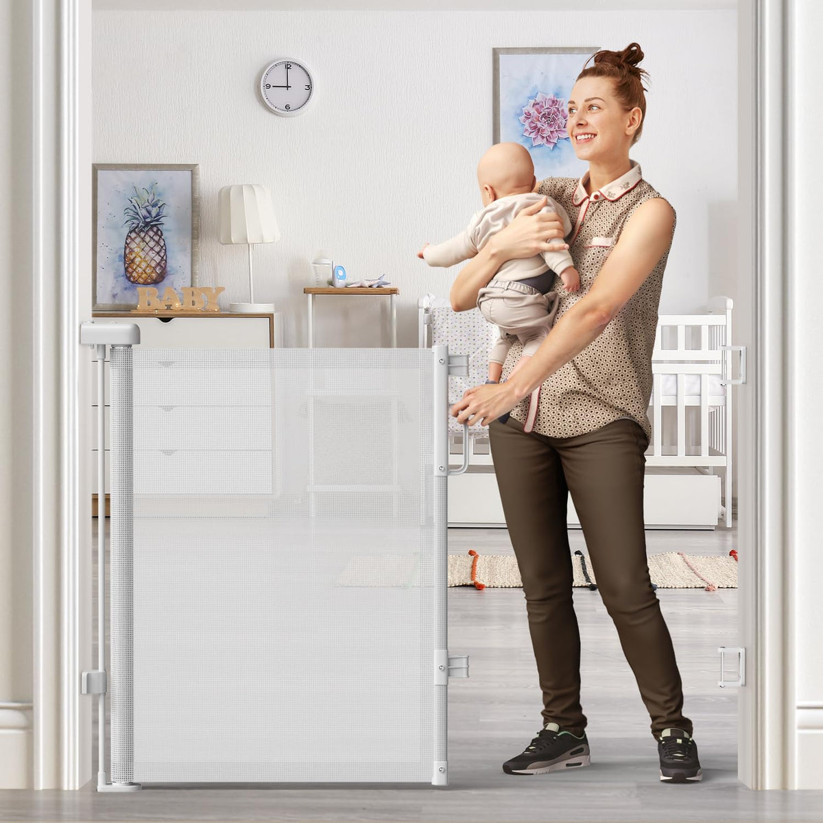 Retractable Baby Gate for Stairs & Doorways (White / 34" Tall x 55" Wide)