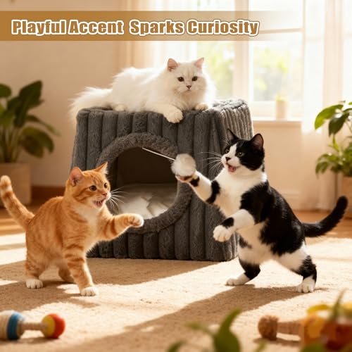 Cat Cave House 18.8"x15.4"x15.4" XL with Fluffy Balls (Deep Grey / XL)