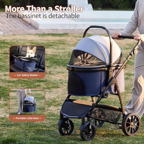 3-in-1 Dog Stroller for Small and Medium-Sized Dogs up to 55 lbs (BlueGray)