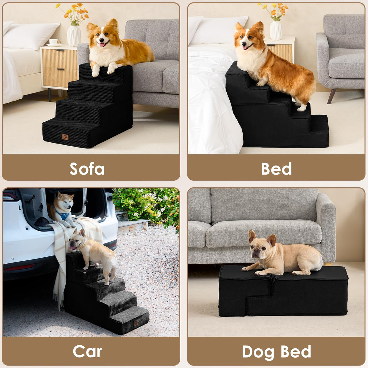 Dog Stairs for Bed 18" H (Black / Standard 15" x 24" x 18")