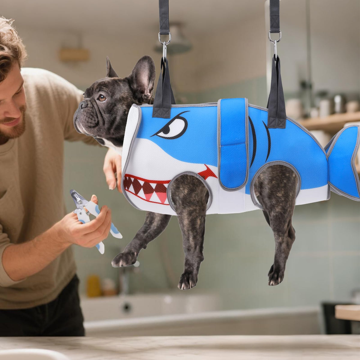 Dog Grooming Hammock for Small Dogs Cats (X-Small / Blue Shark)