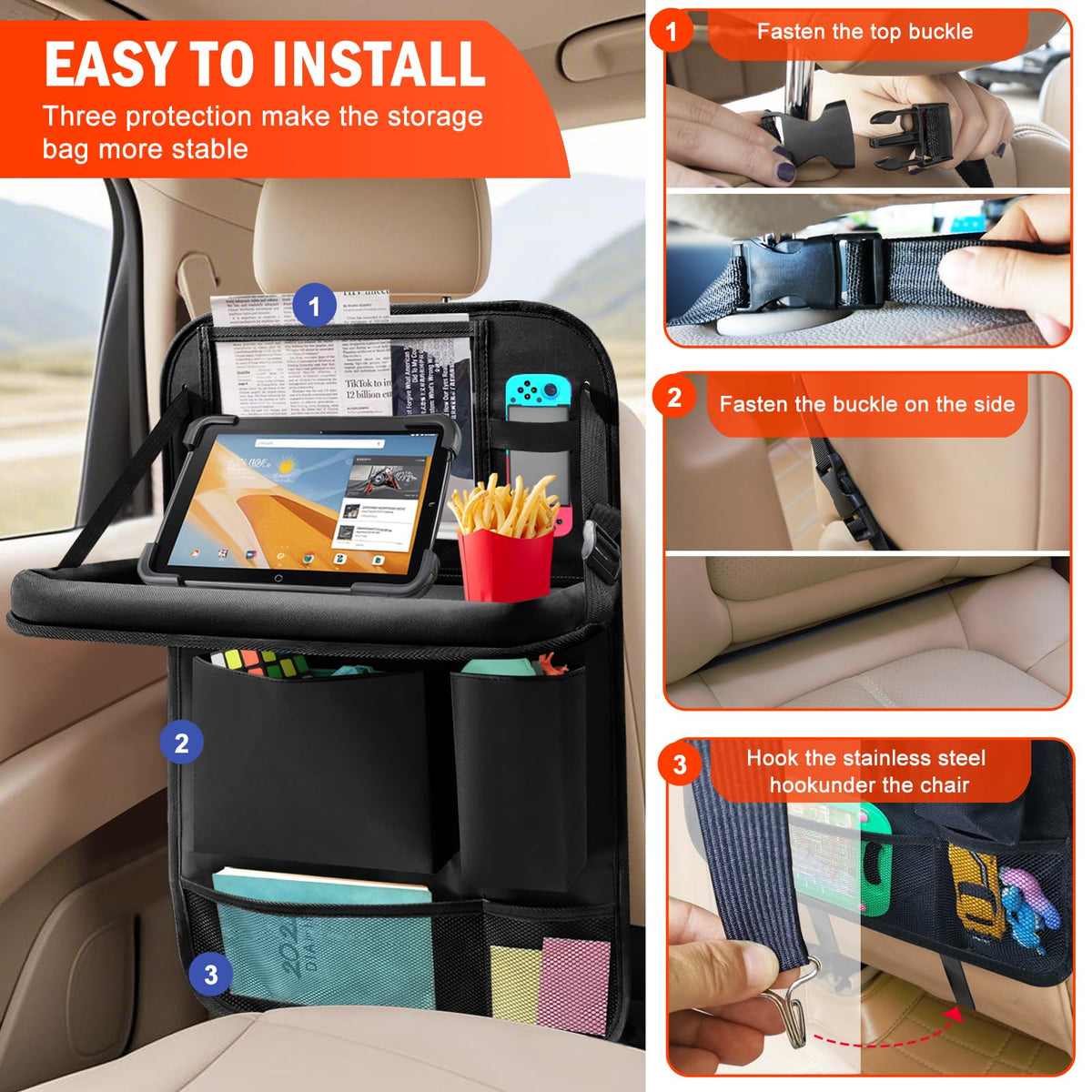 Car Backseat Organizer with Tablet Holder 6 Storage Pockets Organizer Black (Black / 1 Pack with Food Tray)