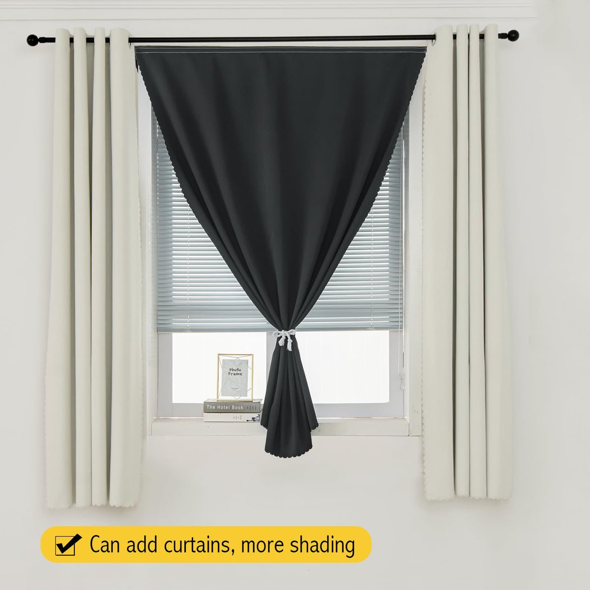 Thermal Blackout Curtains with Self Adhesive Tape No Rod No Drill Easy Install Window Cover for Bedroom Kitchen Dorm 46" W x 59" L Black 1 Panel (46"W x 59"L (Pack of 1) / Black)