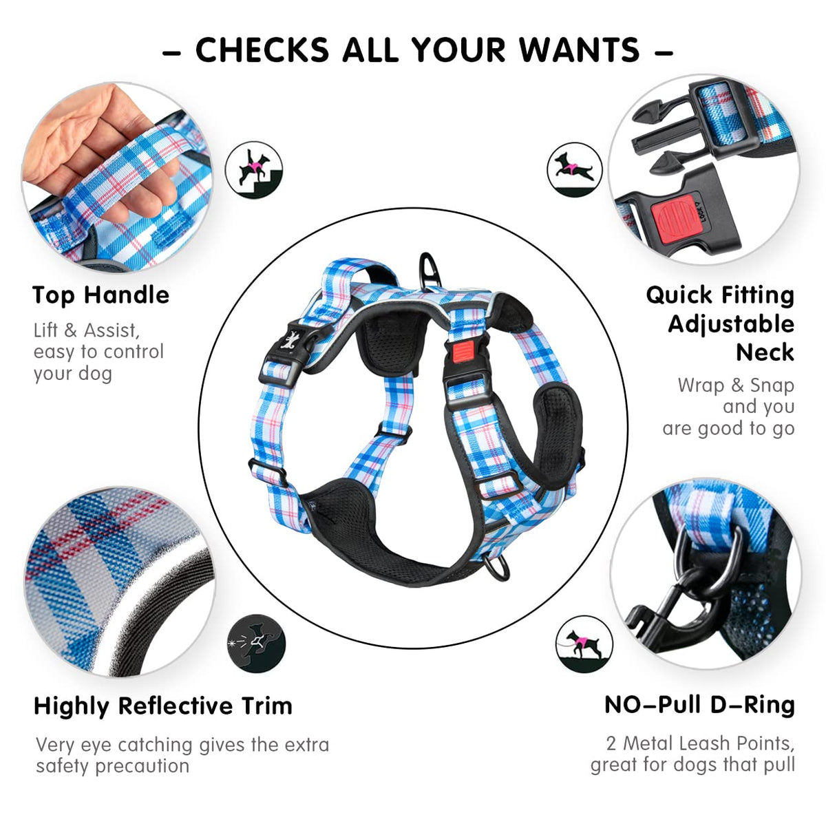 Plaid Dog Harness Small (XS / Checkered Blue & Red)