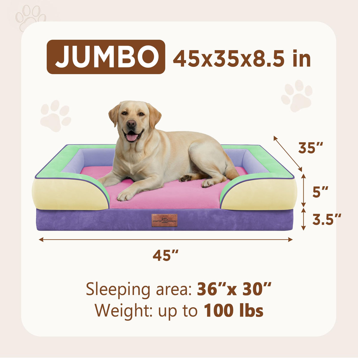 Orthopedic Dog Bed for Extra Large Dogs with Bolster (45.0"L x 35.0"W x 8.5"Th / Frosted Grape)