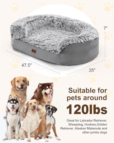 Fluffy Calming Jumbo Orthopedic Dog Beds for Extra Large Dogs (Grey / 48.0"Lx35.0"Wx7.6"H)
