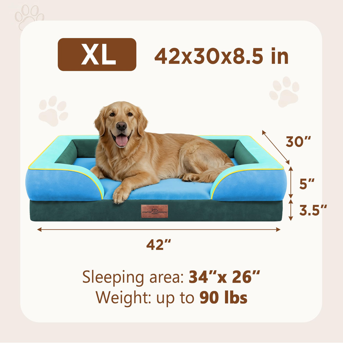 Orthopedic Dog Bed for Extra Large Dogs with Bolster (42.0"L x 30.0"W x 8.5"Th / Dallas)