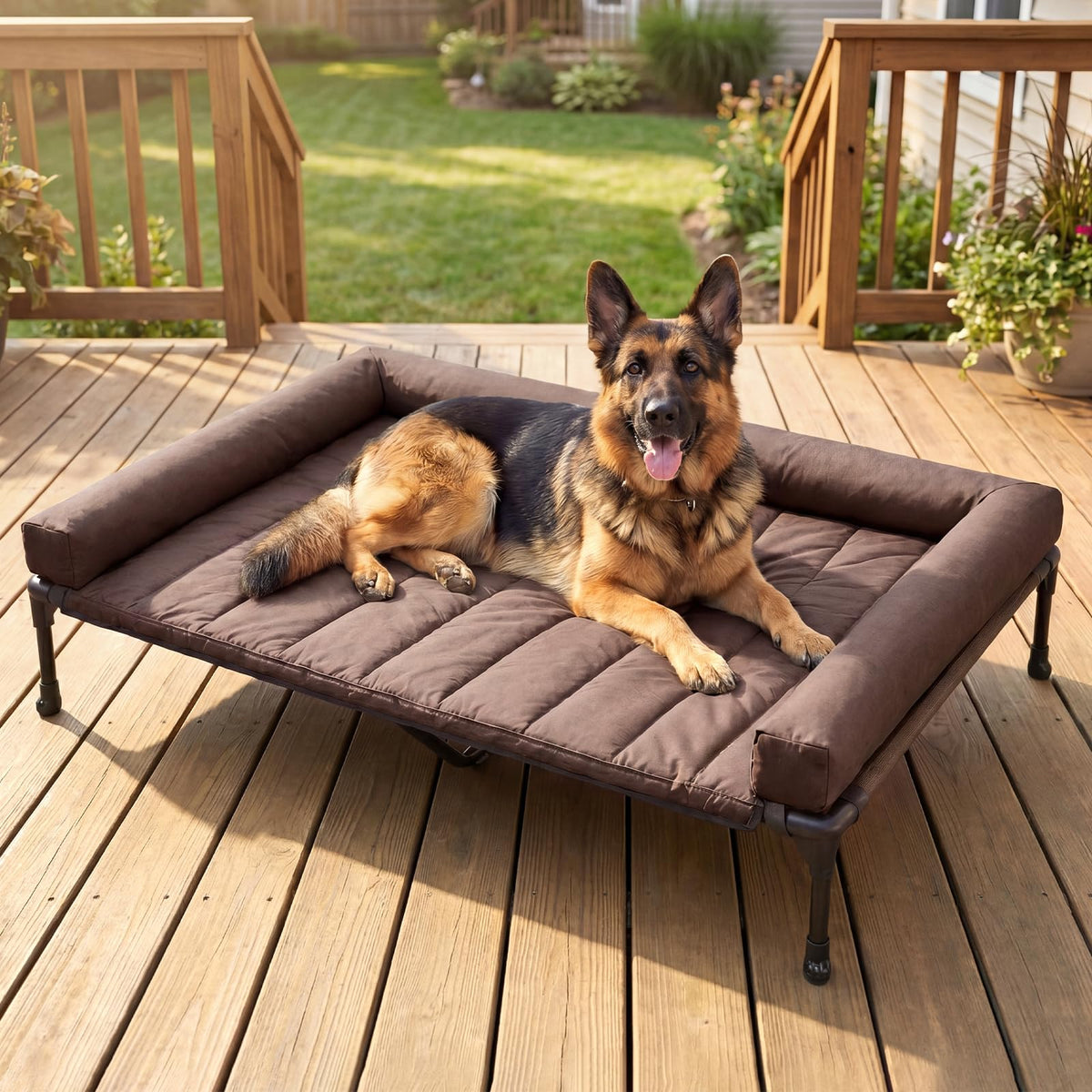 Outdoor Elevated Dog Bed with Waterproof Bolster Cushion (Brown / 53.0"L x 37.5"W x 9.0"Th)