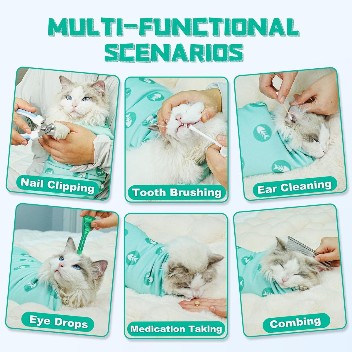Cat Grooming Wrap for Nail Trimming (L-27.6in ( Weight:< 17lbs ) / GreenBone)