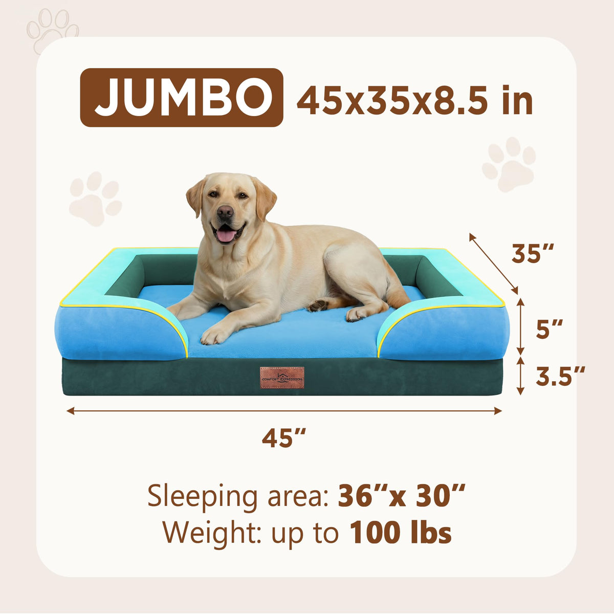 Orthopedic Dog Bed for Extra Large Dogs with Bolster (45.0"L x 35.0"W x 8.5"Th / Dallas)