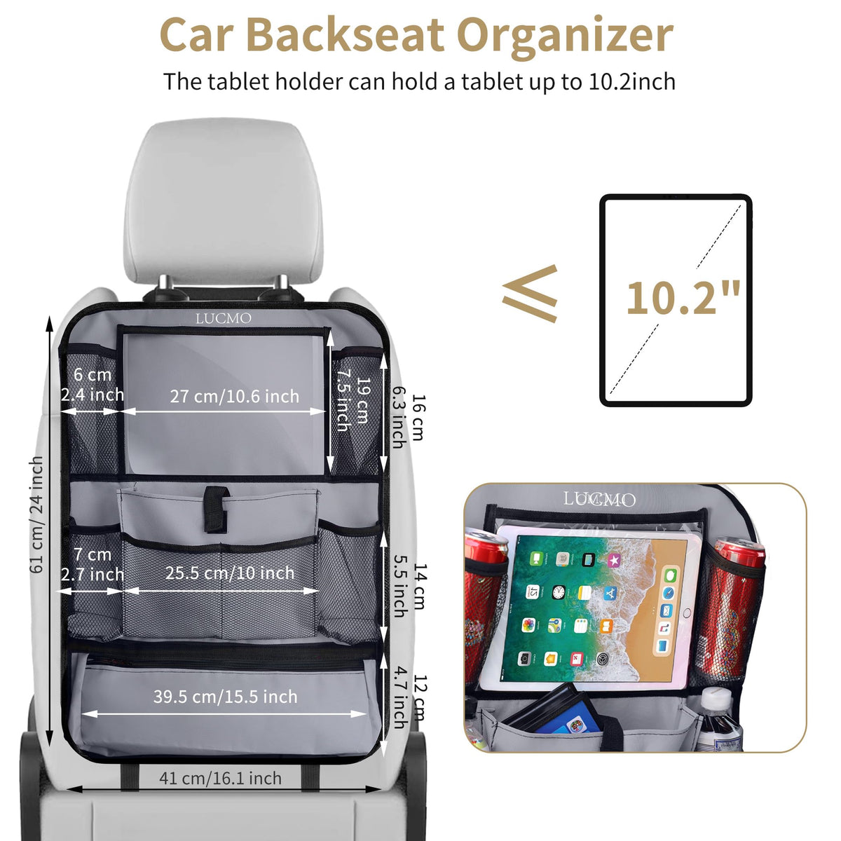 Car Backseat Organizer with Touch Screen Tablet Holder (Grey-1 / 2 Pack)