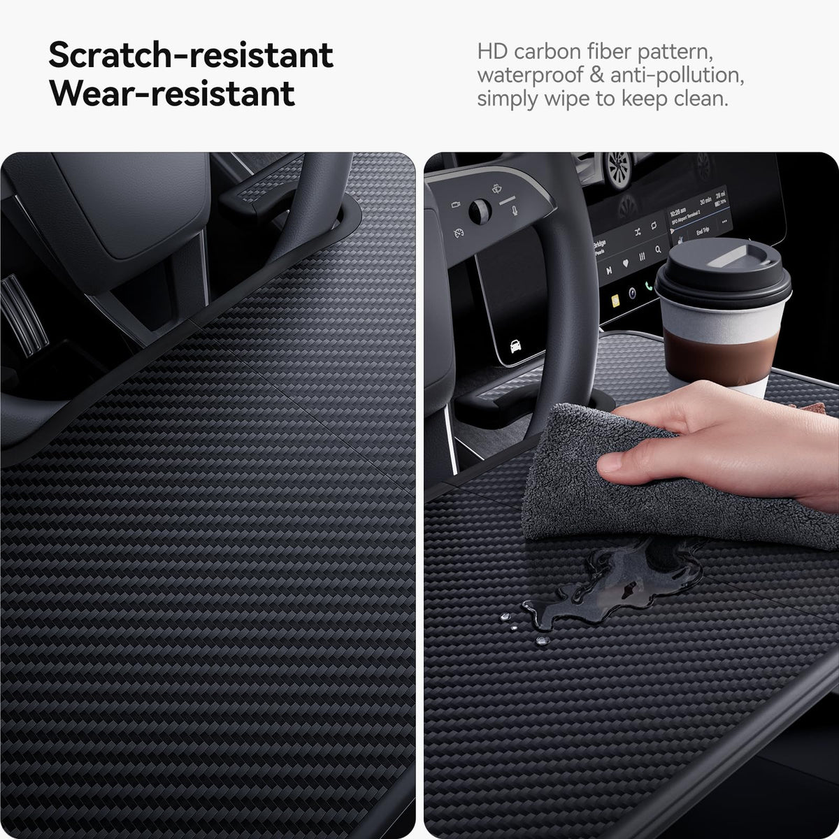 2-in-1 Car Steering Wheel Desk Tray & Car Seat Gap Filler Organizer – Foldable Carbon Fiber Look Table for Laptop, Eating Food, Writing – for Standard Round Steering Wheels (Black)
