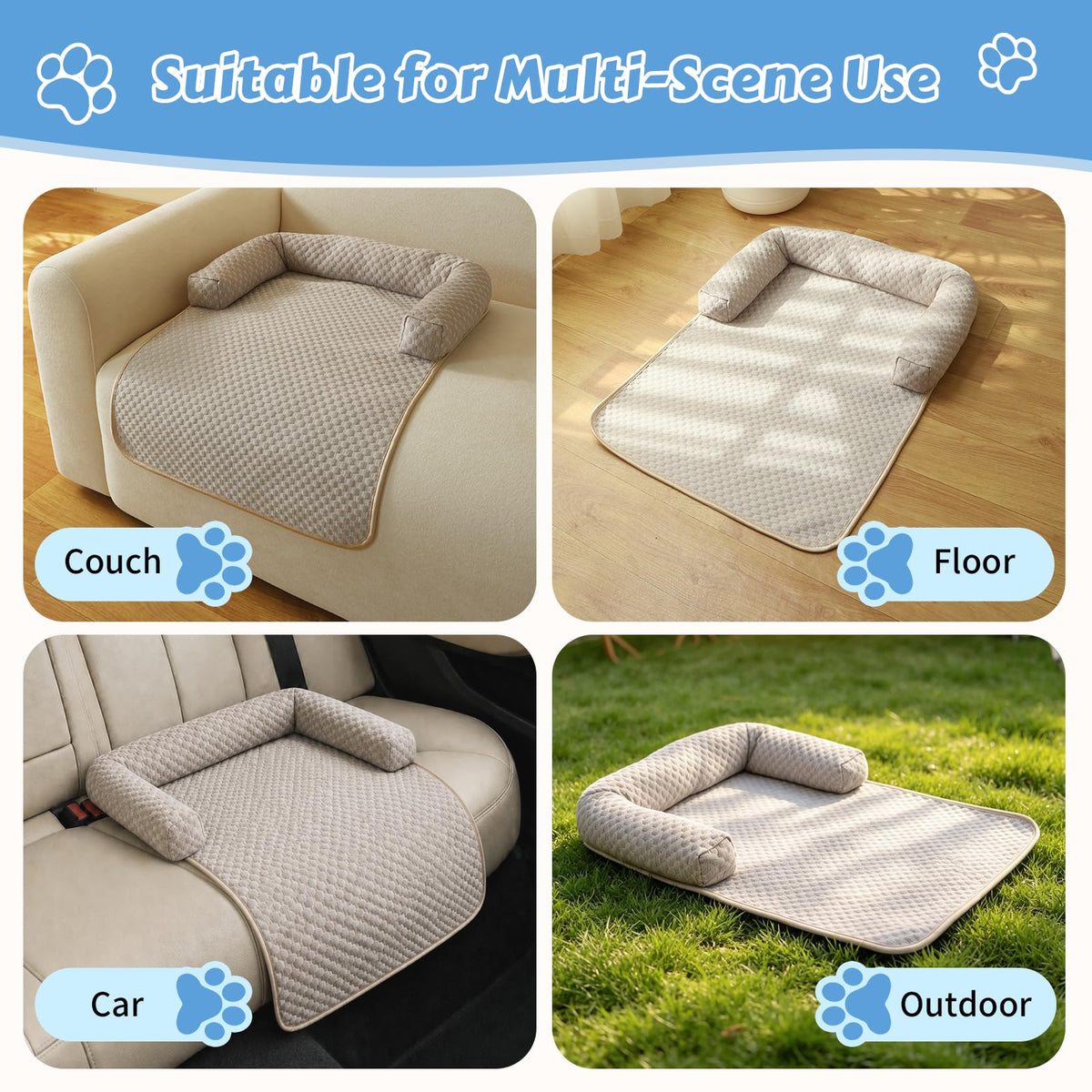 Cooling Pet Bed Mats with Neck & Head Support (Cooling-Khaki / Small(31.5"Lx23.62"Wx5.91"Th))