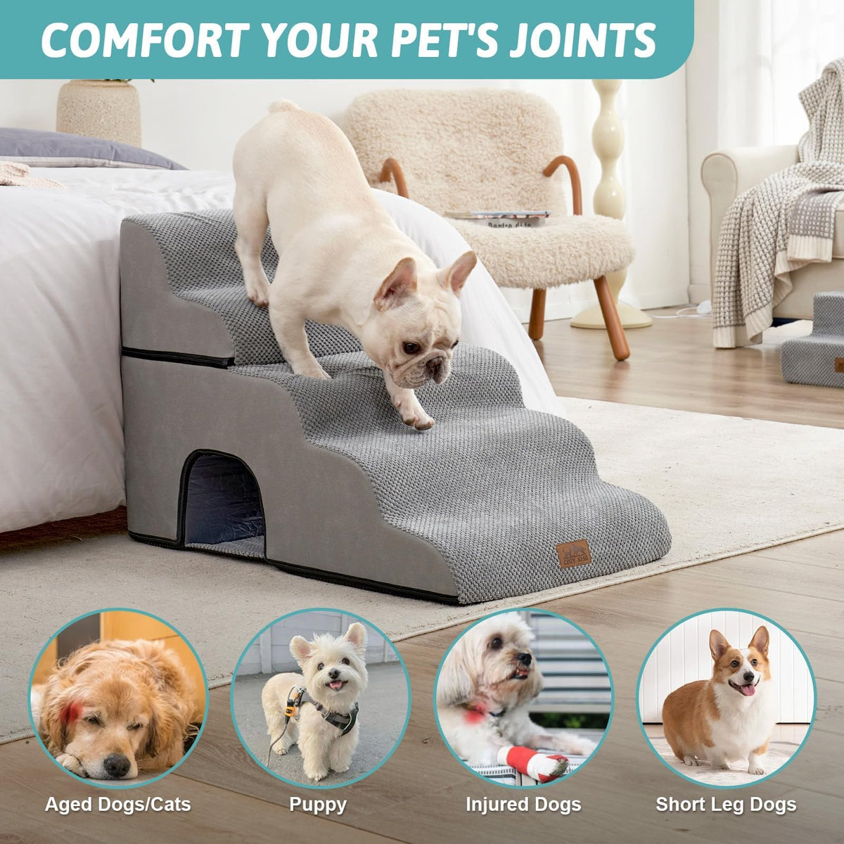 Extra Wide Small Dog Stairs with Tunnel (Grey / Detachable 19.7" x 33" x 22.4")